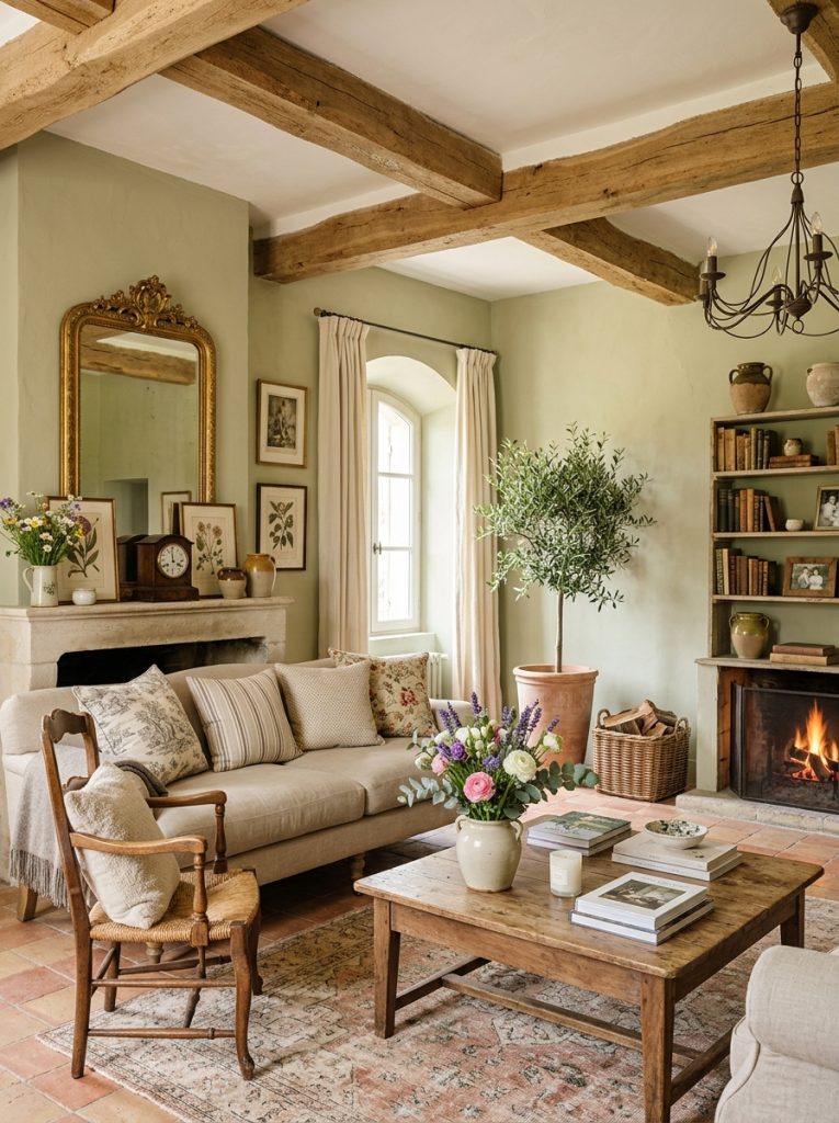 Beautifully painted french farmhouse living room with warm cream off-white walls as perfect backdrop for farmhouse furniture 
