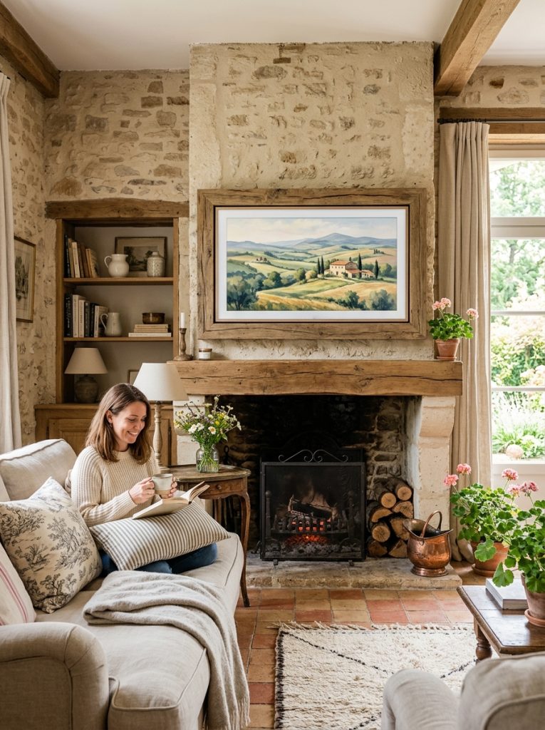  Beautiful french farmhouse living room with TV integrated above rustic fireplace or in farmhouse media unit seamlessly
