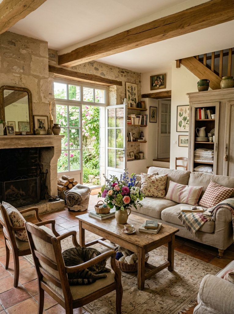  Warm authentic country french farmhouse living room with comfortable furniture natural materials fresh flowers and genuine warmth