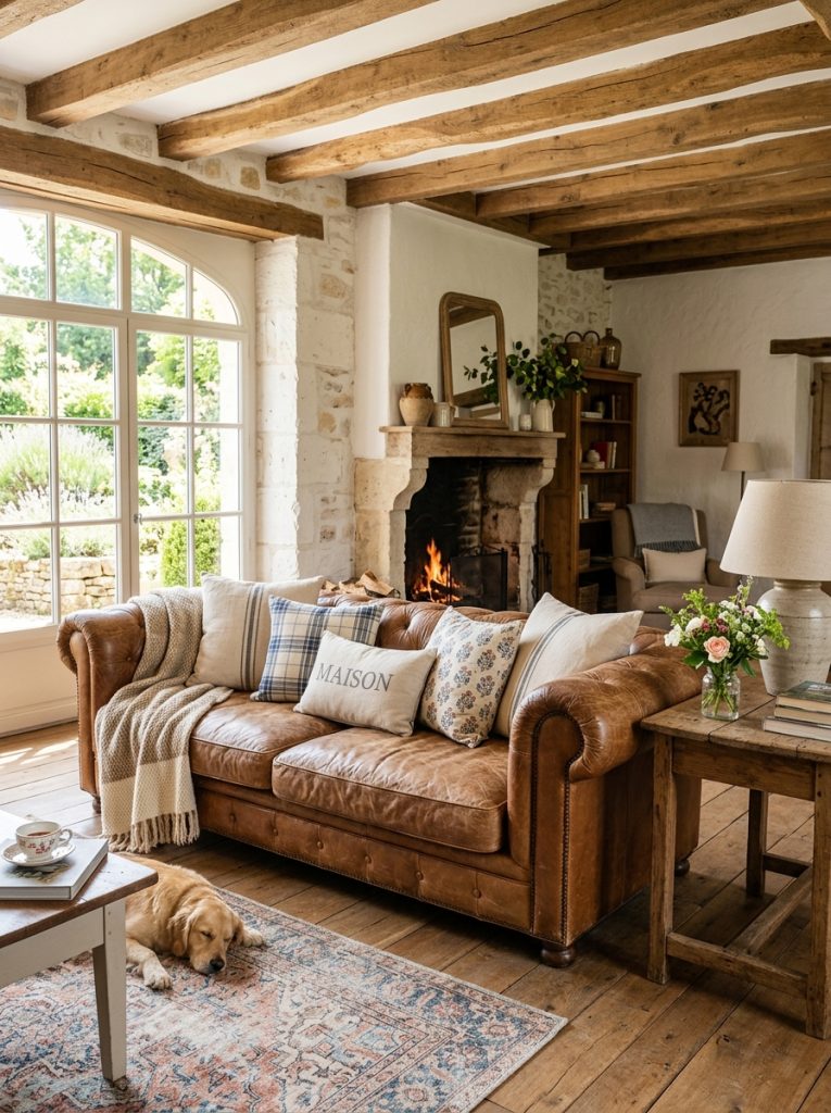 Beautiful french farmhouse living room with warm tan distressed leather sofa farmhouse pillows and cozy throw blanket 