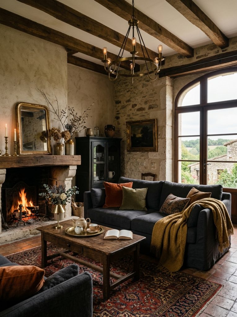 Beautiful moody french farmhouse living room with dark linen sofa warm wood antique gold accessories and dramatic intimate lighting 