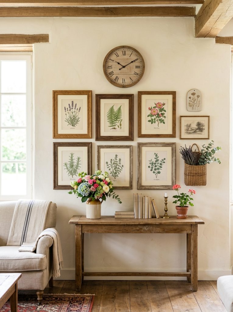  Beautiful farmhouse wall decor in french living room with vintage botanical prints wooden frames rustic clock and simple wall art 