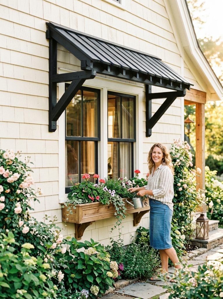 Beautiful farmhouse window awning DIY in natural wood or painted black with honest construction above windows on farmhouse home exterior 