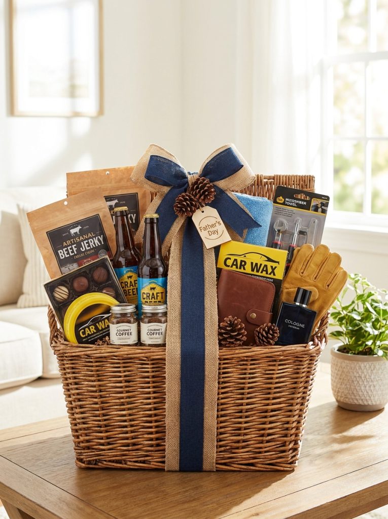 Beautiful Father's Day gift basket filled with snacks gourmet treats car care workshop supplies and personal care with masculine ribbon
