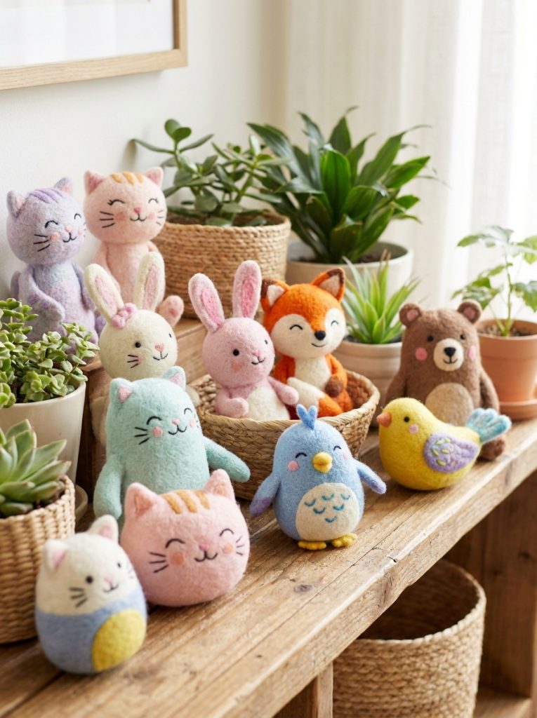 Adorable cute felt animal crafts with cats rabbits foxes bears and birds in pastel and bright colors with embroidered details displayed