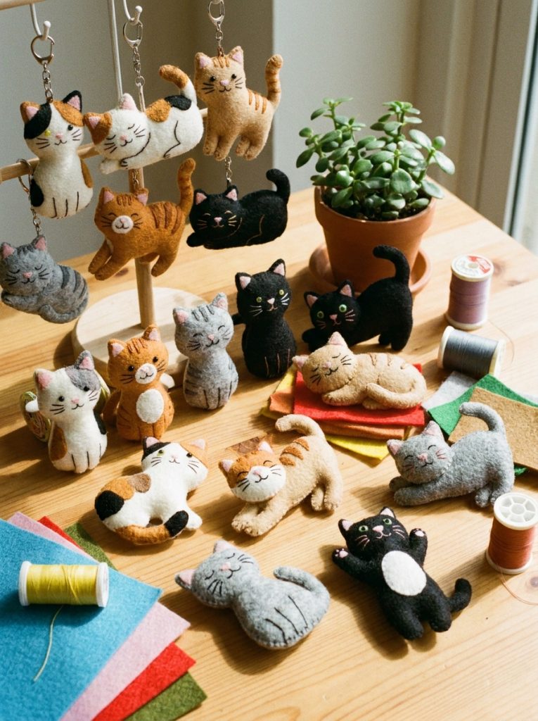 Adorable DIY felt cat craft creations in different colors and poses with embroidered whiskers and sweet expressions as keychains and figures