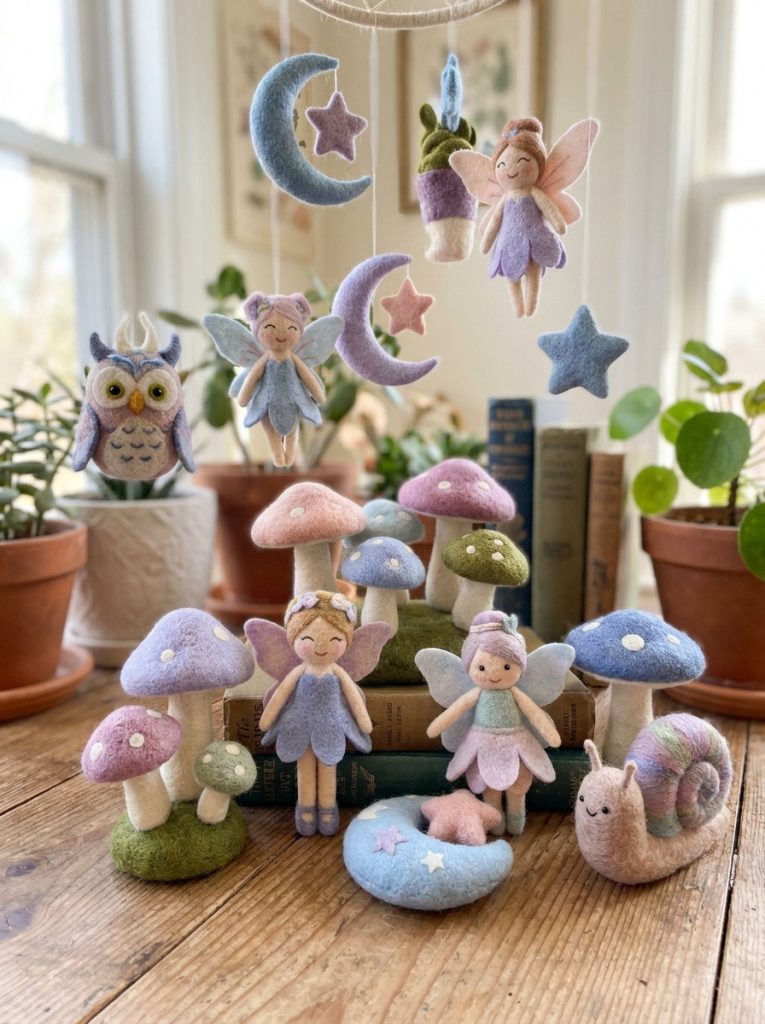 Beautiful whimsical felt craft creations with mushrooms fairy characters moon stars and whimsical creatures in soft dreamy colors
