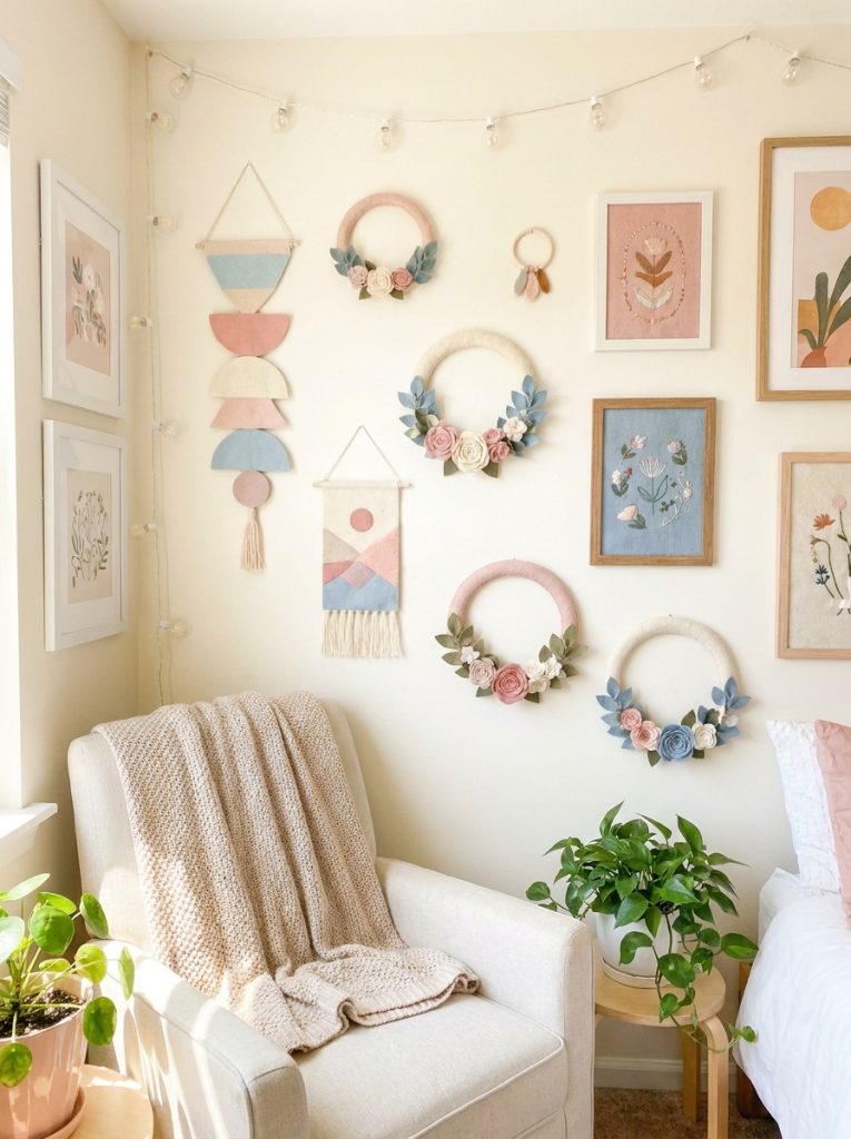 Beautiful aesthetic felt craft room decor with felt wall hangings wreaths and decorative panels in soft tones as bedroom gallery 