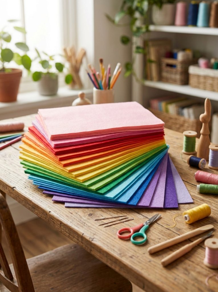 Beautiful felt craft sheets collection in rainbow colors spread on craft table alongside scissors needles thread and craft tools 