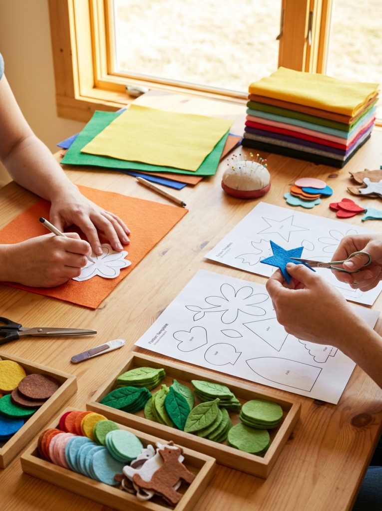 Felt craft pattern templates being traced and cut onto felt sheets creating precise pieces for assembly at organized craft table