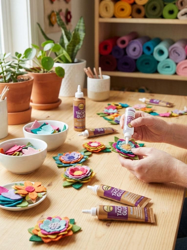 Beautiful felt crafts being made with craft glue assembling pieces into decorative items in quick no-sew felt craft display 