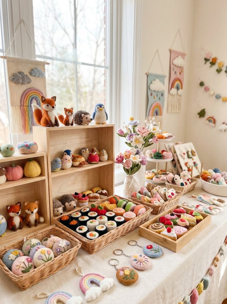 Complete felt crafts collection with cute animals keychains food items needle felted pieces flowers and whimsical decorations displayed