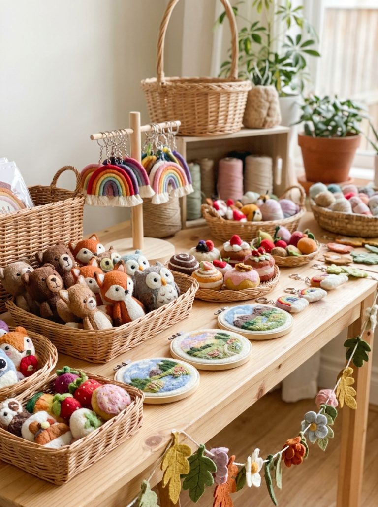 Beautiful felt crafts display with cute felt animals colorful keychains felt food needle felted pieces and aesthetic decorations on styled table