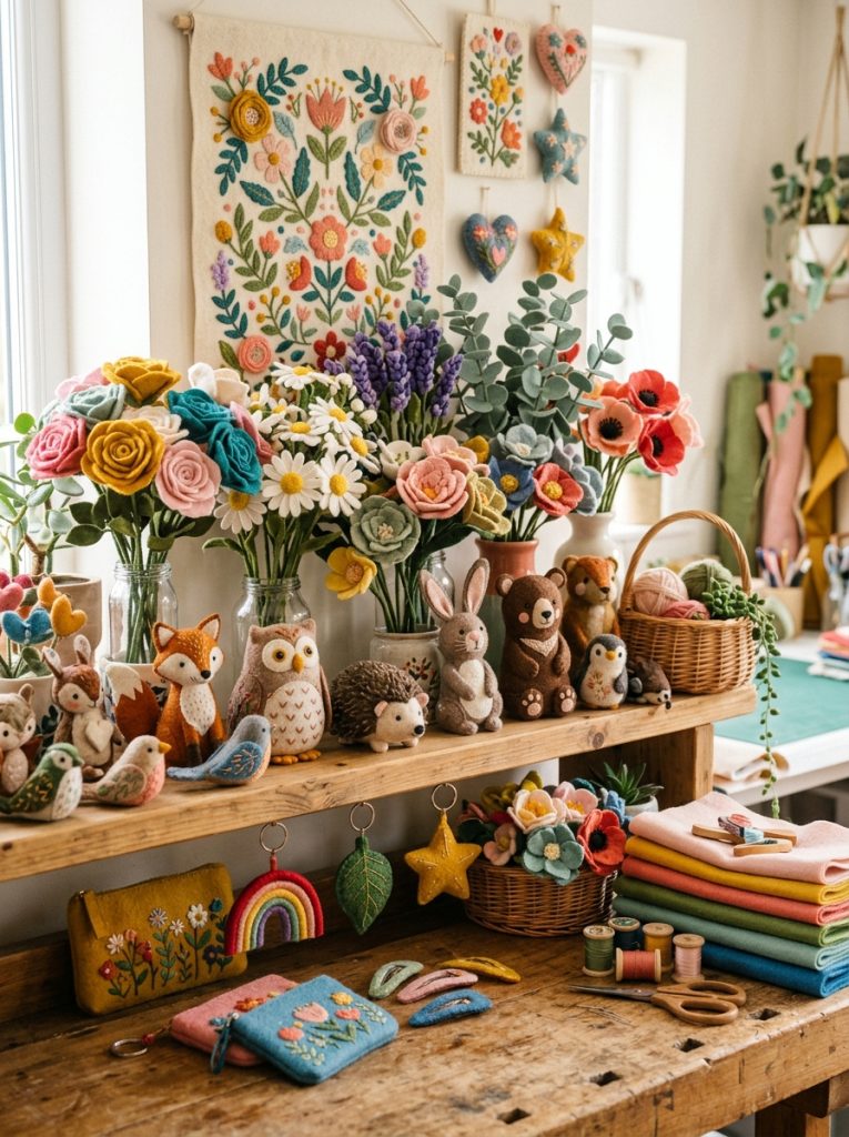 Beautiful felt fabric craft creations with felt flowers animals decorative panels and accessories in bright and pastel tones displayed 