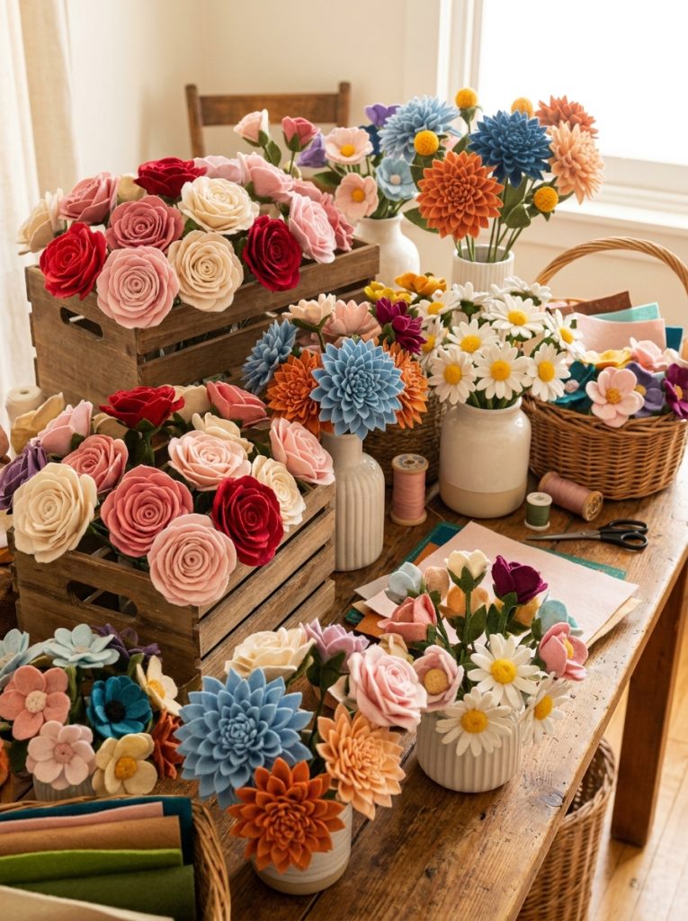 Beautiful DIY felt flower crafts with layered roses dahlias daisies and simple blooms in multiple colors in gorgeous collection