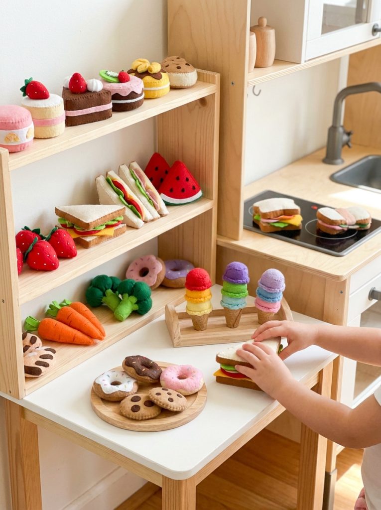 Adorable felt food craft creations with miniature cakes sandwiches fruits vegetables and sweet treats in bright colors for play kitchen 
