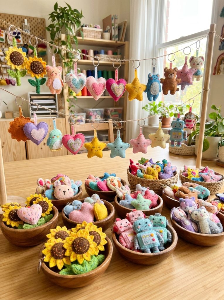 Beautiful DIY felt keychain crafts in flower heart star and character shapes in bright pastel colors with embroidered details displayed 