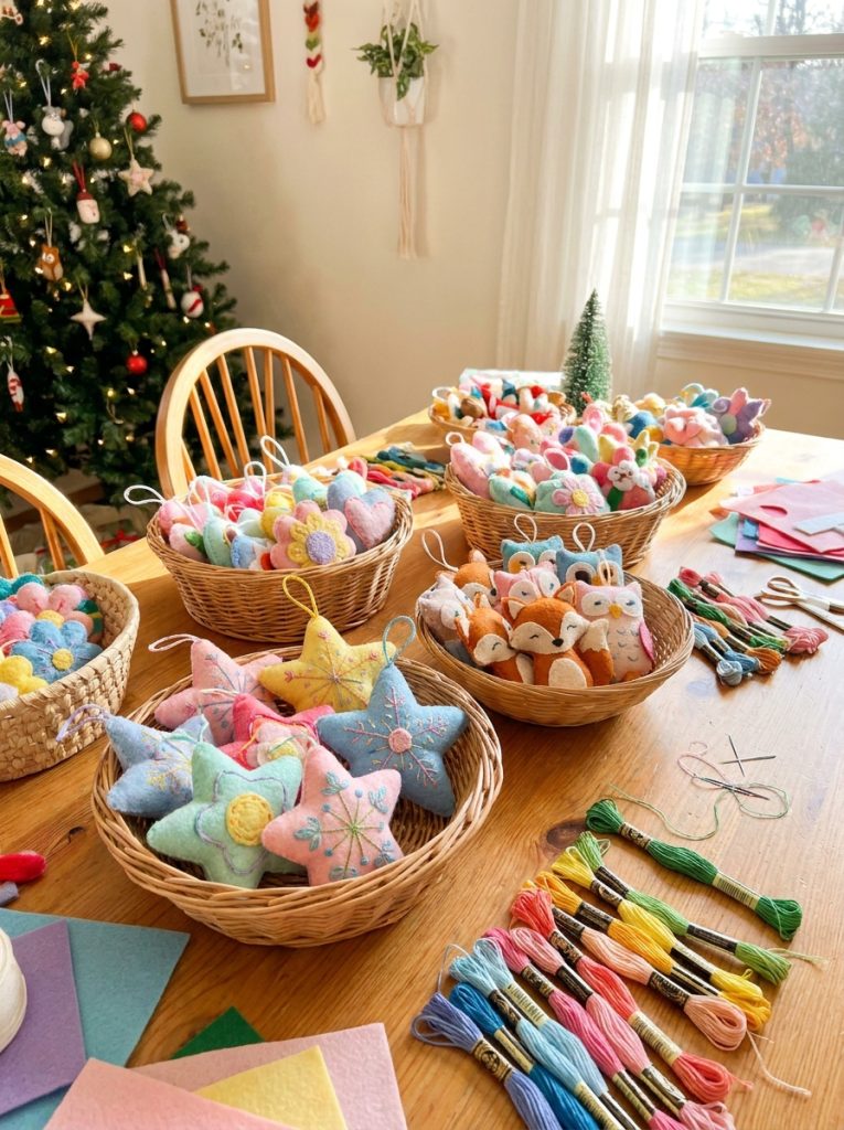 Beautiful DIY felt ornament crafts with stars hearts flowers and characters in bright soft tones with embroidered details and loops