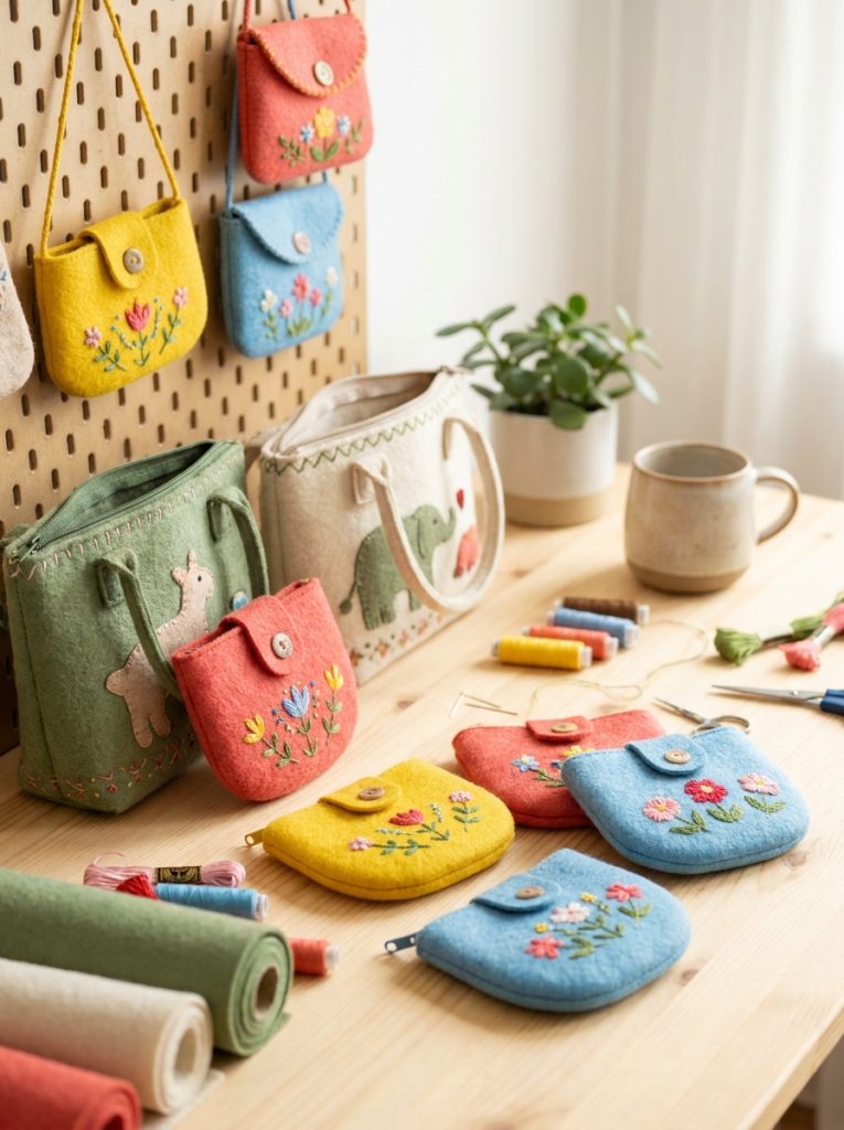 Beautiful DIY felt pouch and bag crafts with handmade pouches coin purses and zip bags in different colors with embroidered details