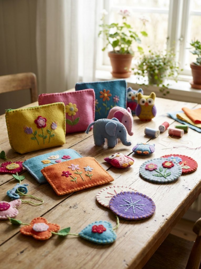 Beautiful beginner felt sewing craft projects with small pouches stuffed animals and decorative pieces with neat hand stitching displayed 