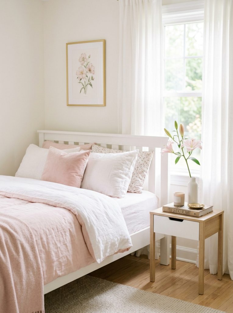 Soft airy bedroom with light pink lilies decor white bed pale pink bedding lily stem vase and sheer white curtains.