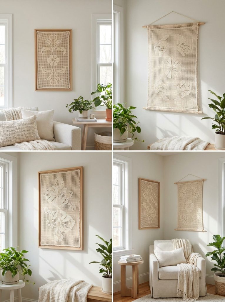 Beautiful filet crochet wall decor with delicate cream white open mesh botanical floral geometric patterns as elegant wall art in styled interiors 