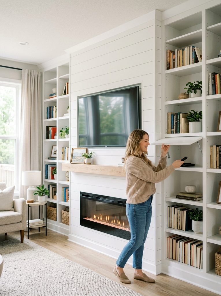 DIY fireplace TV wall with hidden storage compartments and push-to-open doors disguised in flanking shelving in bright living room  
