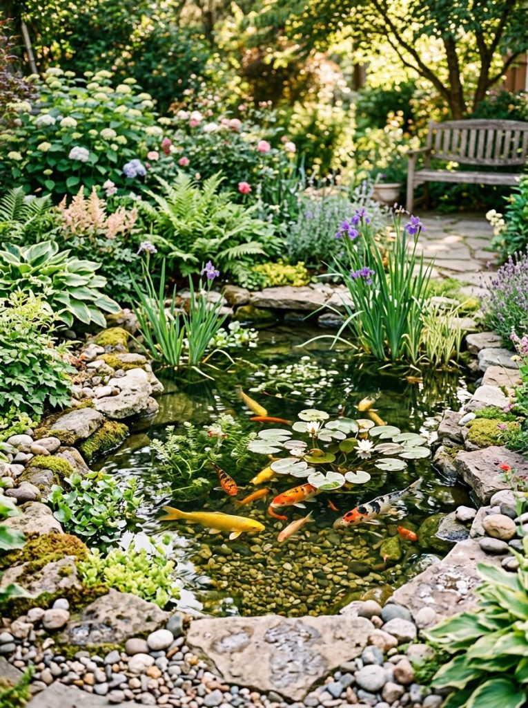 Beautiful fish DIY mini pond with colorful fish visible beneath clear water surrounded by aquatic plants and natural stone in garden