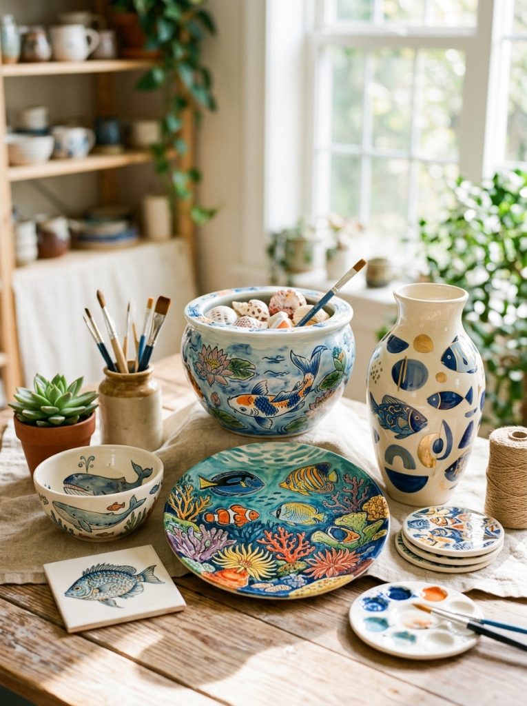 Beautiful fish pottery painting with Japanese koi bowl detailed fish plates tropical reef scenes and abstract fish patterns on ceramics