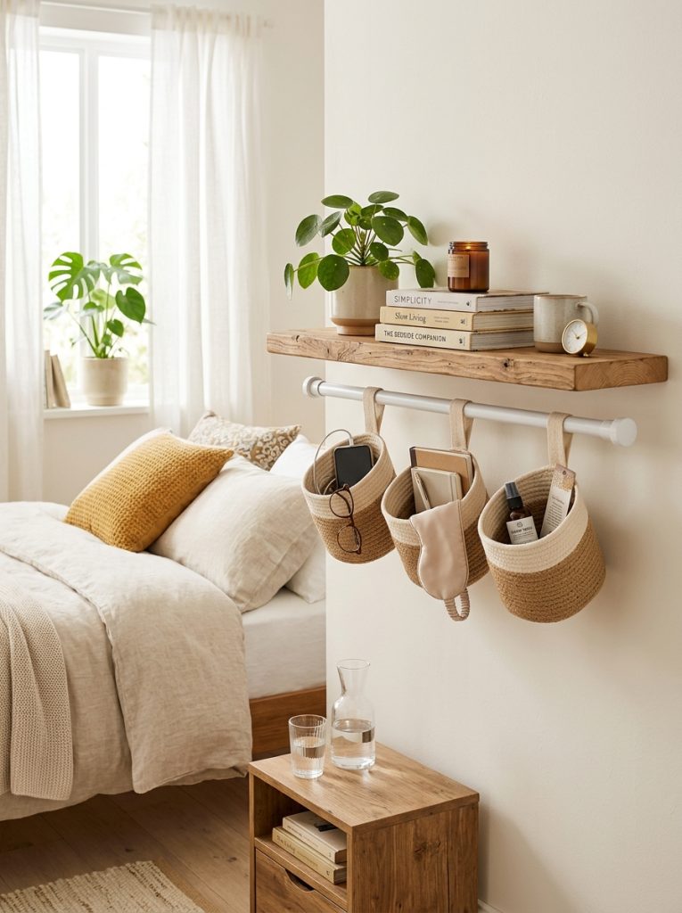 Floating shelf beside bed with tension rod underneath holding small hanging baskets