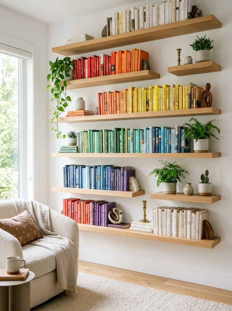 Beautiful floating shelf book wall with multiple shelves holding color arranged books and plants in bright minimal living room