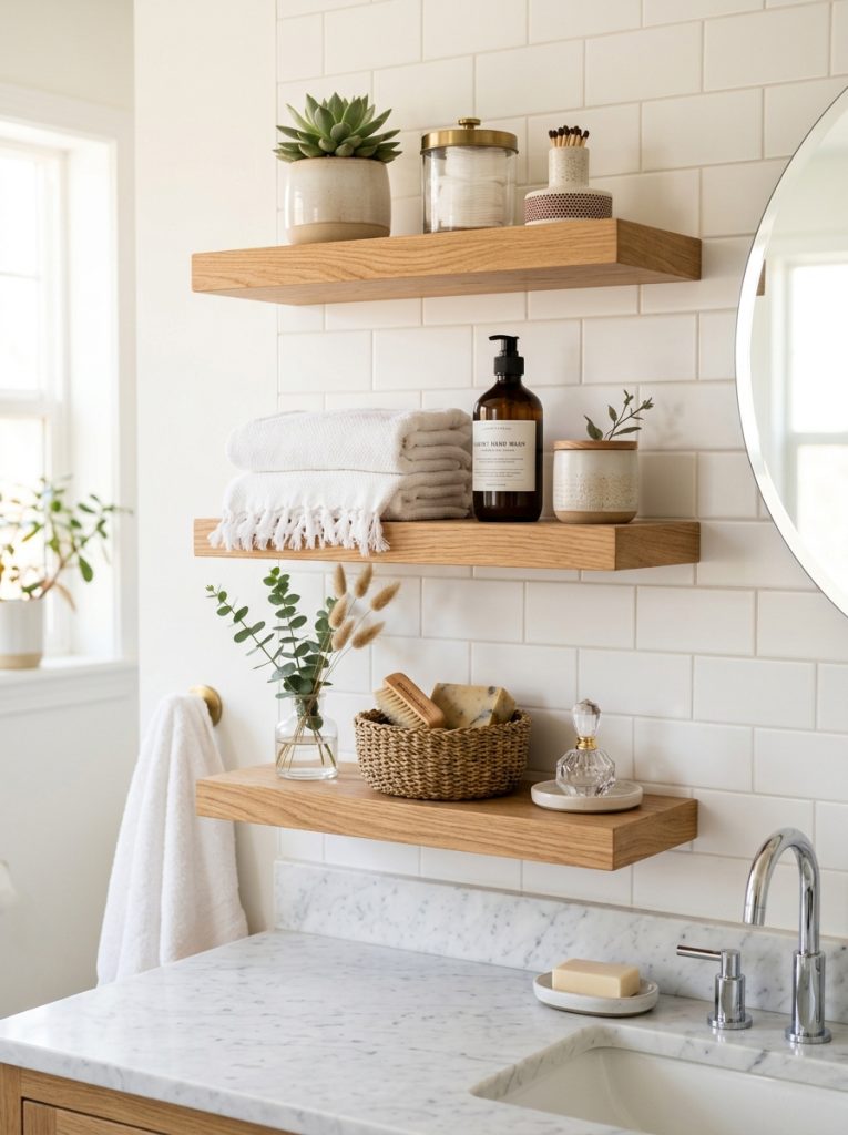 Beautiful floating wall shelf bathroom storage with elegant mounted shelves displaying organized accessories plants candles in styled bathroom 