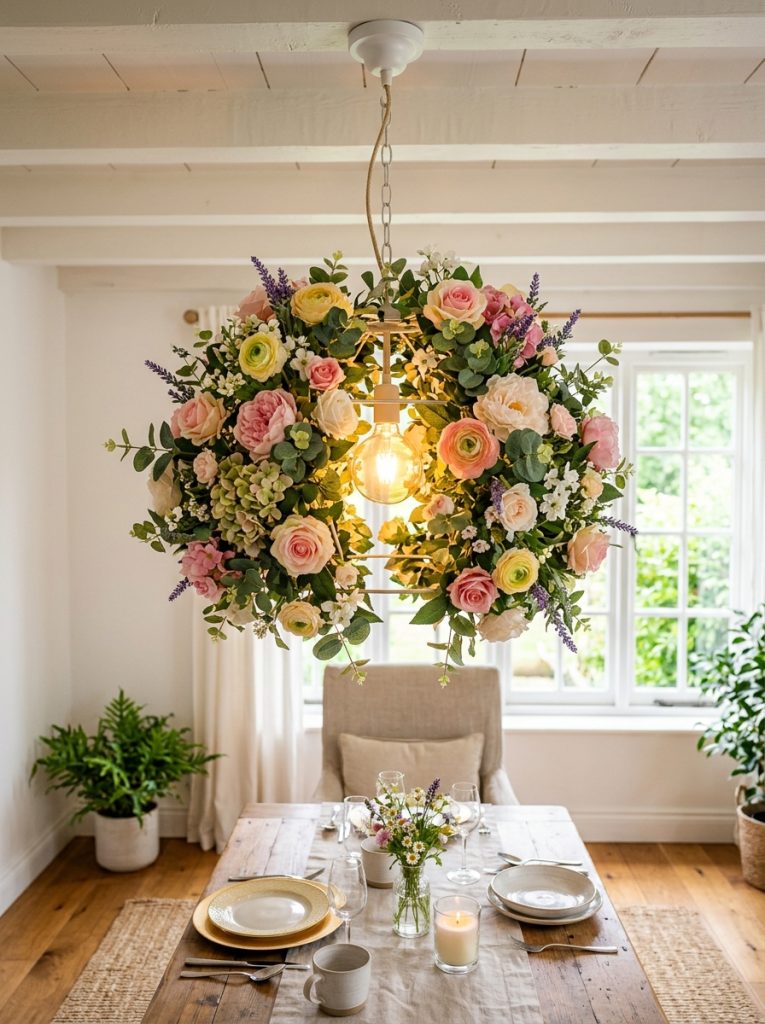 DIY floral chandelier lamp shade with artificial flowers and greenery over pendant light frame in bright dining room
