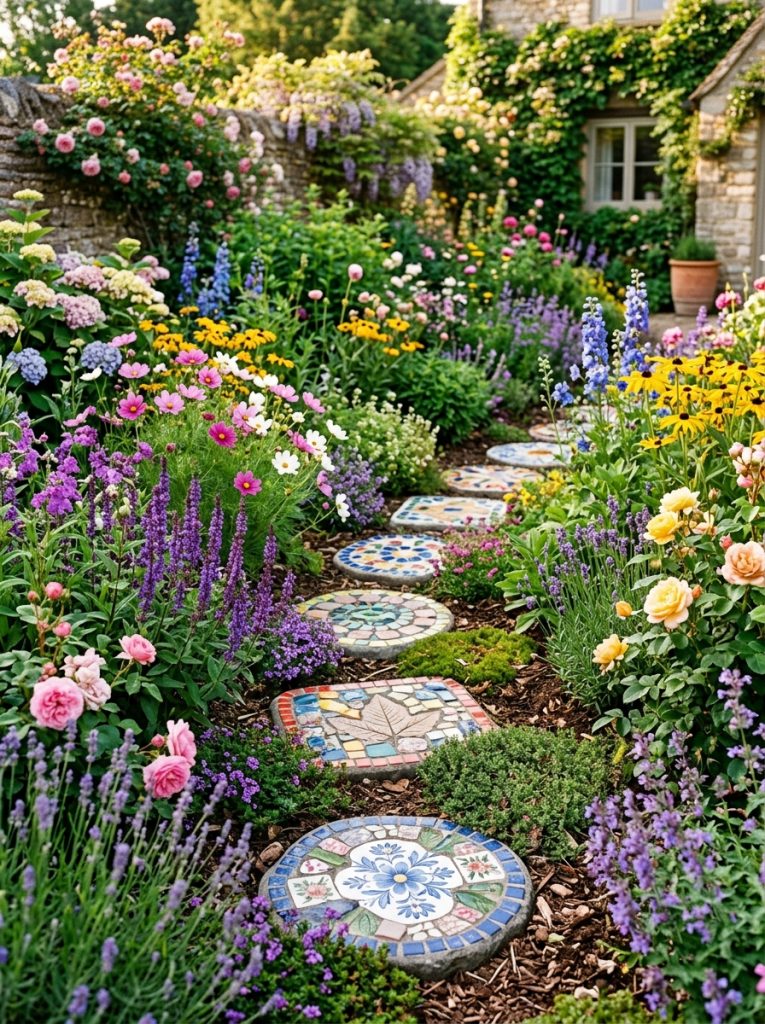 Beautiful flower bed stepping stones DIY with decorative stones placed artfully within lush flower bed providing access and decoration
