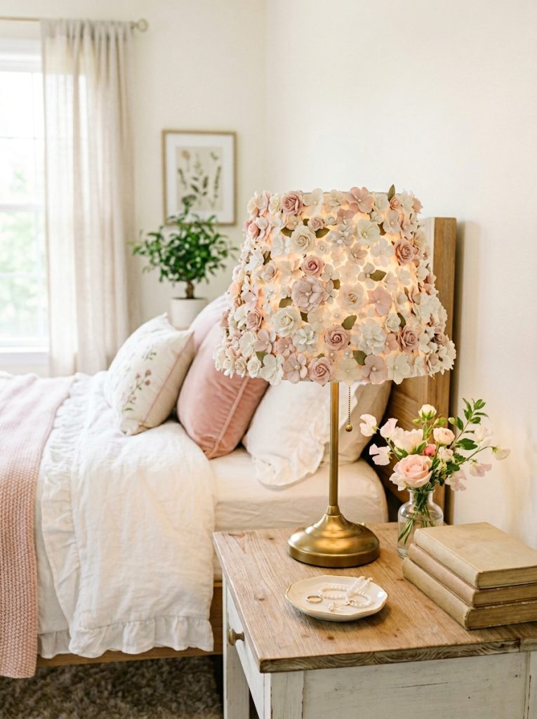 DIY flower covered lamp shade with small fabric flowers in pink white and cream covering entire surface in bright bedroom