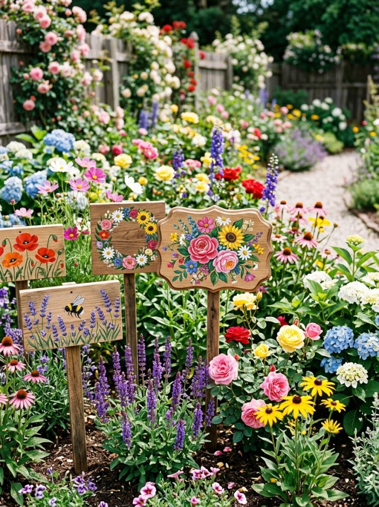 Beautiful flower garden signs DIY with painted flower illustrations botanical artwork and garden quotes on stakes among colorful flower beds 