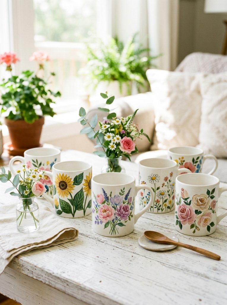 Beautiful flower mug painting ideas with delicate watercolor florals botanical illustrations daisy designs and rose paintings on ceramic mugs