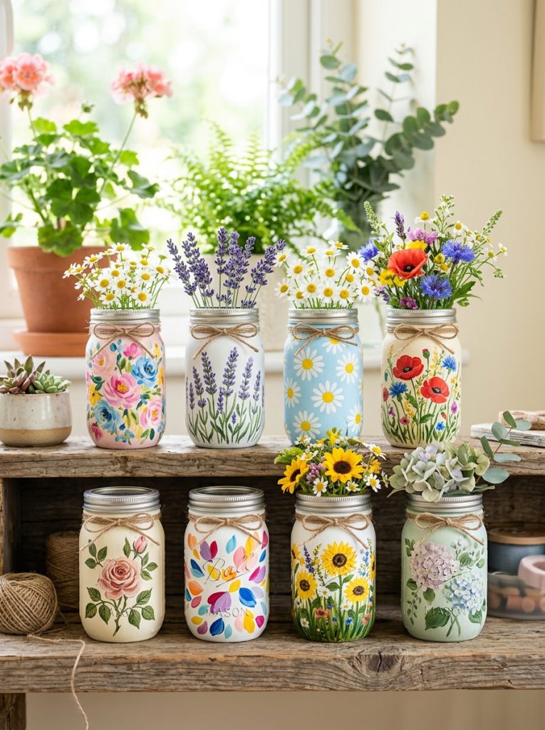 Beautiful flower painted mason jar ideas with impressionistic florals botanical flowers simple daisies and wildflower designs 