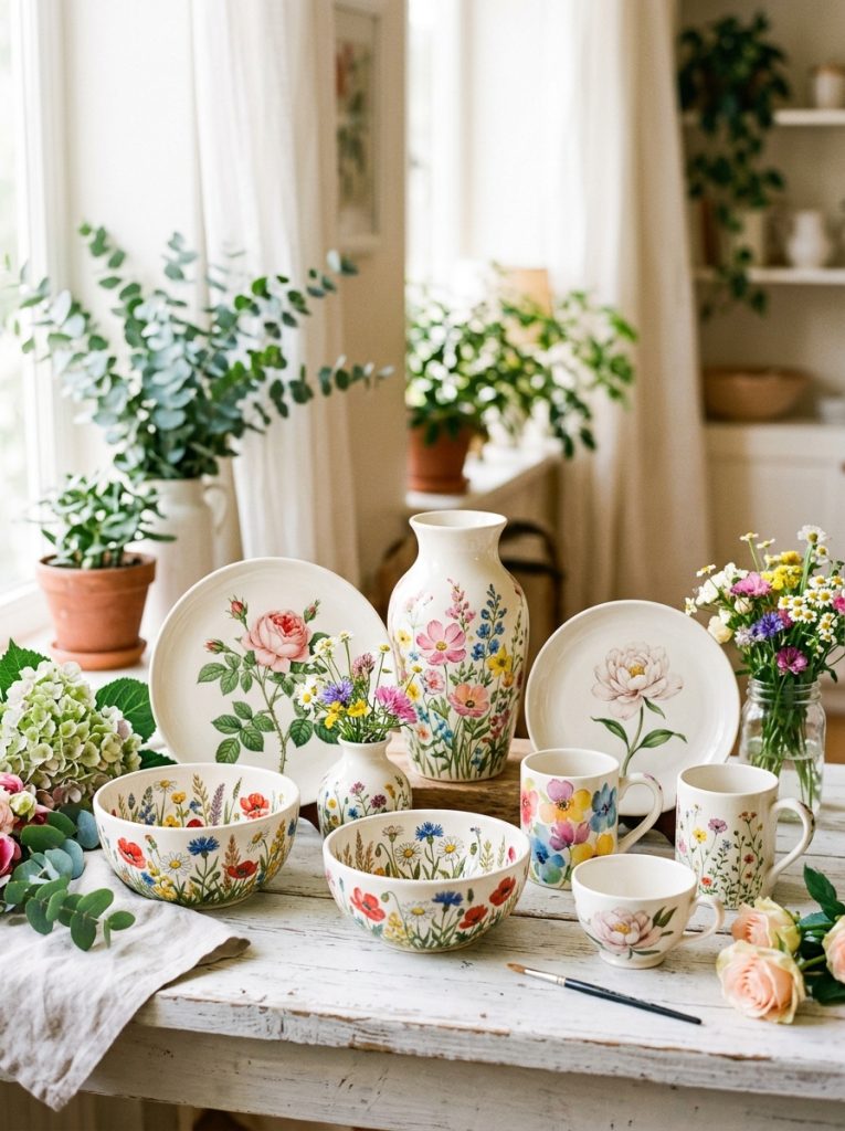 eautiful flower pottery painting with watercolor florals botanical illustrations wild meadow and single bloom designs on bowls vases plates cups