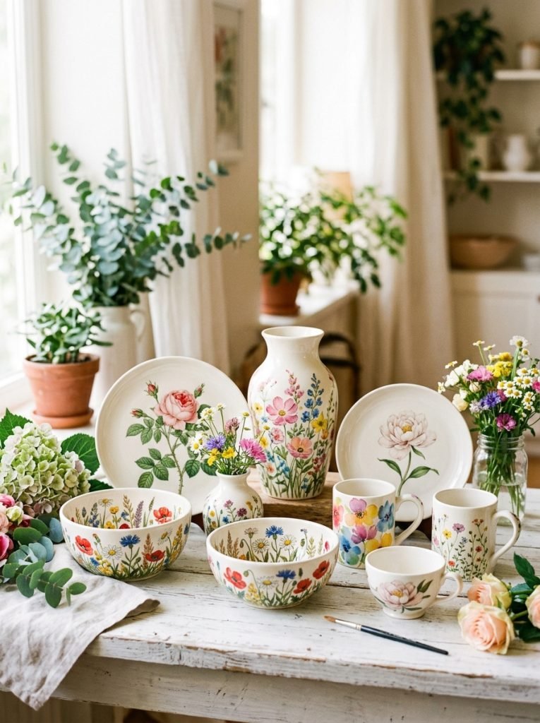 eautiful flower pottery painting with watercolor florals botanical illustrations wild meadow and single bloom designs on bowls vases plates cups