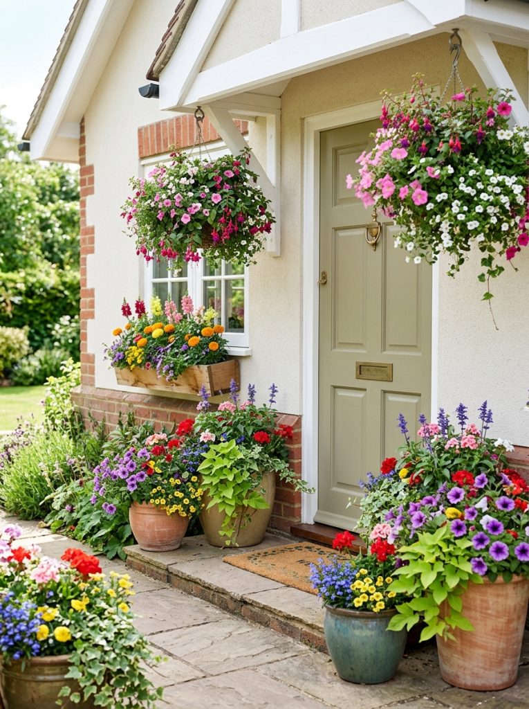  Beautiful flowers outdoor entryway decor with colorful seasonal flowers in pots hanging baskets window boxes creating welcoming entrance 