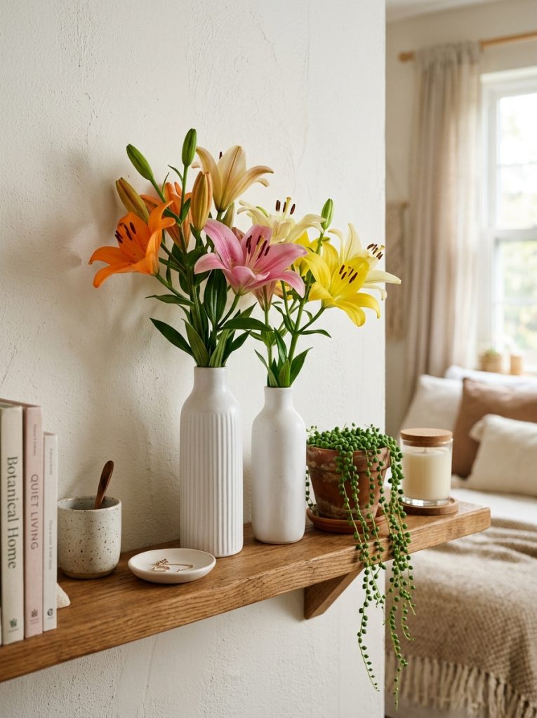 Beautiful flowers lilies aesthetic bedroom shelf with mixed lily stems white bud vases soft ceramics candle and trailing plant