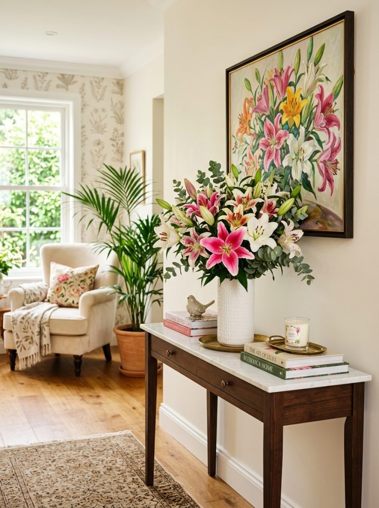 Beautiful home with mixed flowers lilies bouquet tall white vase console and lilies painting on wall