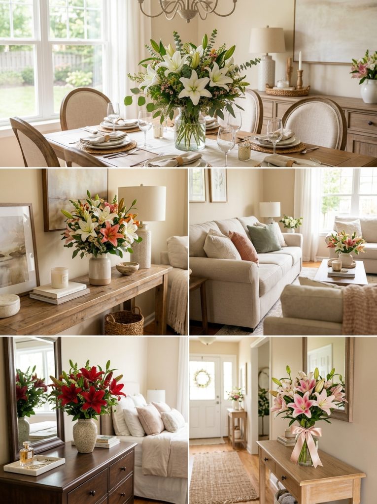 Complete flowers lilies home with wedding arrangement dining table mixed bouquet console red dresser and ribbon hallway display