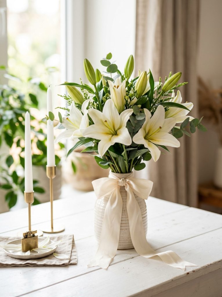 Beautiful flowers lilies ribbon arrangement on white surface soft ribbon tied around stems minimal candles and natural lighting