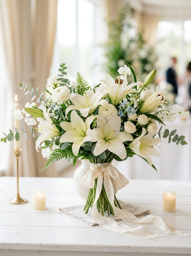 Beautiful flowers lilies wedding arrangement white cream blooms soft greenery ribbon minimal candles diffused natural lighting