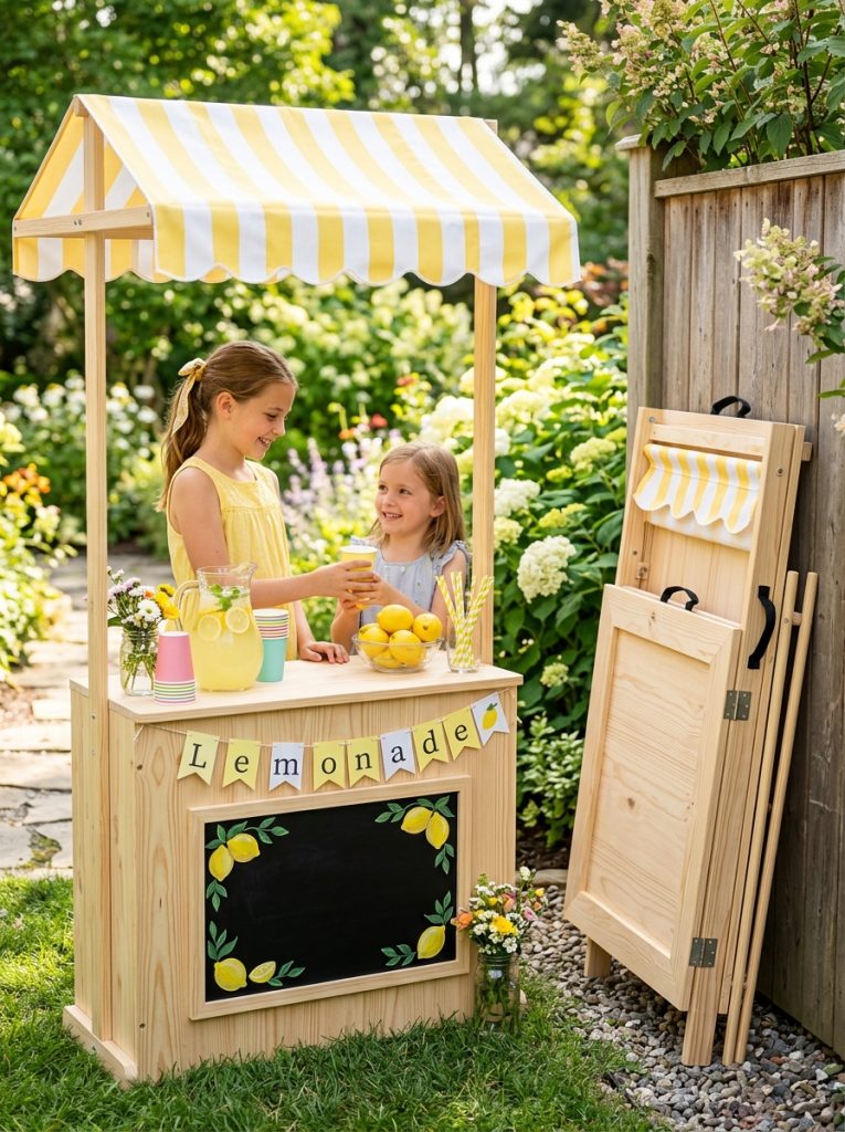 Clever foldable collapsible lemonade stand DIY shown assembled as complete stand and folded flat for easy storage and transport