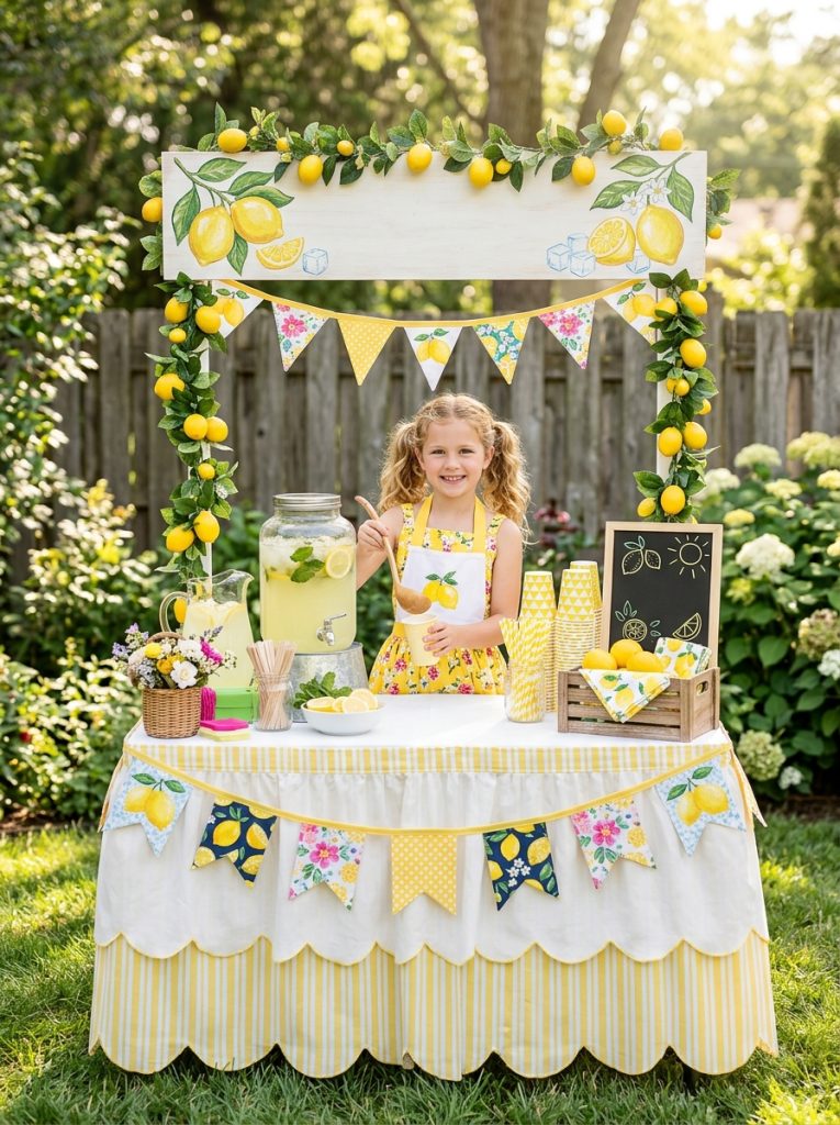 Beautiful folding table lemonade stand DIY with fabric skirt decorative bunting lemonade signage lemon decor professional selling display