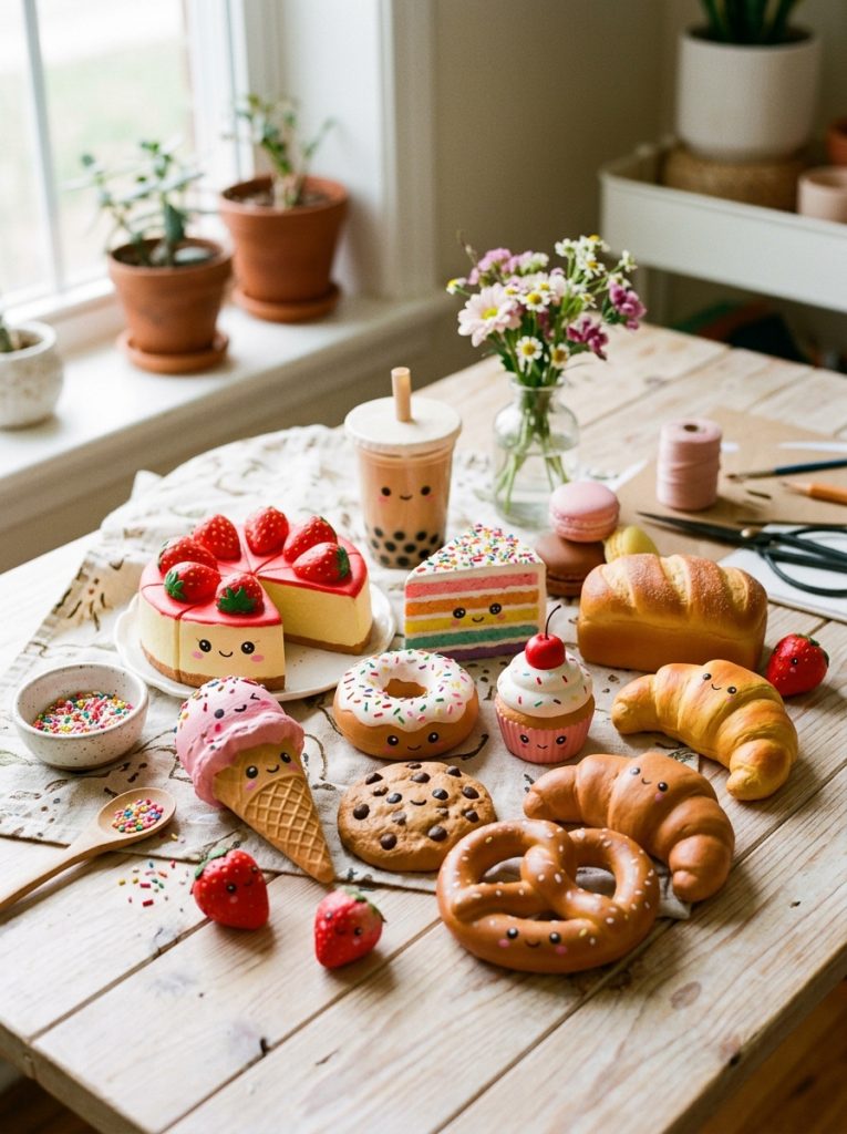 Beautiful homemade food squishies DIY collection with strawberries ice cream cakes cookies bread and sweet treats with kawaii expressions