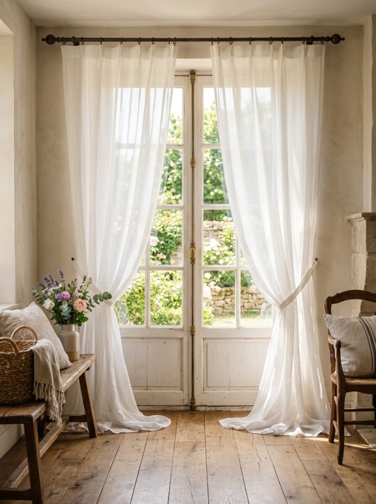 Beautiful french country curtains with sheer white linen letting in soft afternoon light pooling on wooden floor romantically